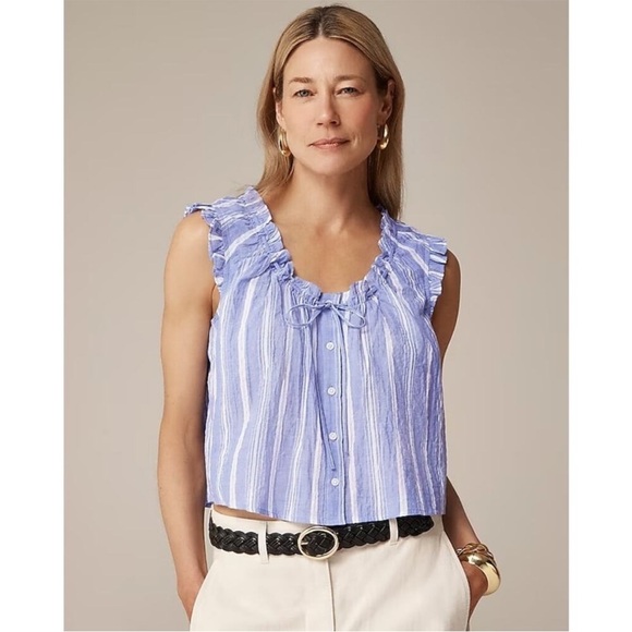 J. Crew Tops - J. Crew Ruffle-trim button-up top in stripe blue white S